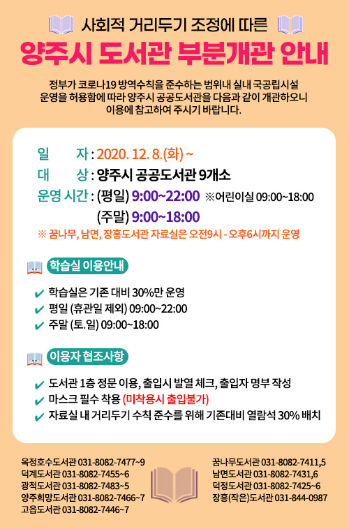사회적 거리두기 조정에 따른 양주시 도서관 부분개관 안내