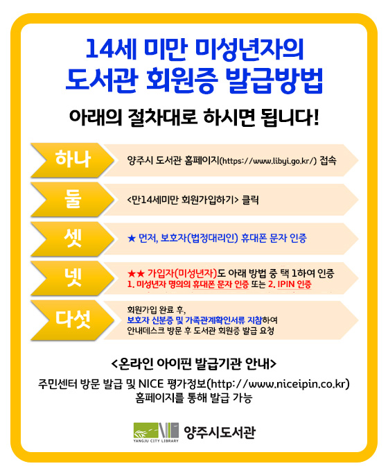 14세 미만 미성년자의 도서관 회원증 발급방법
